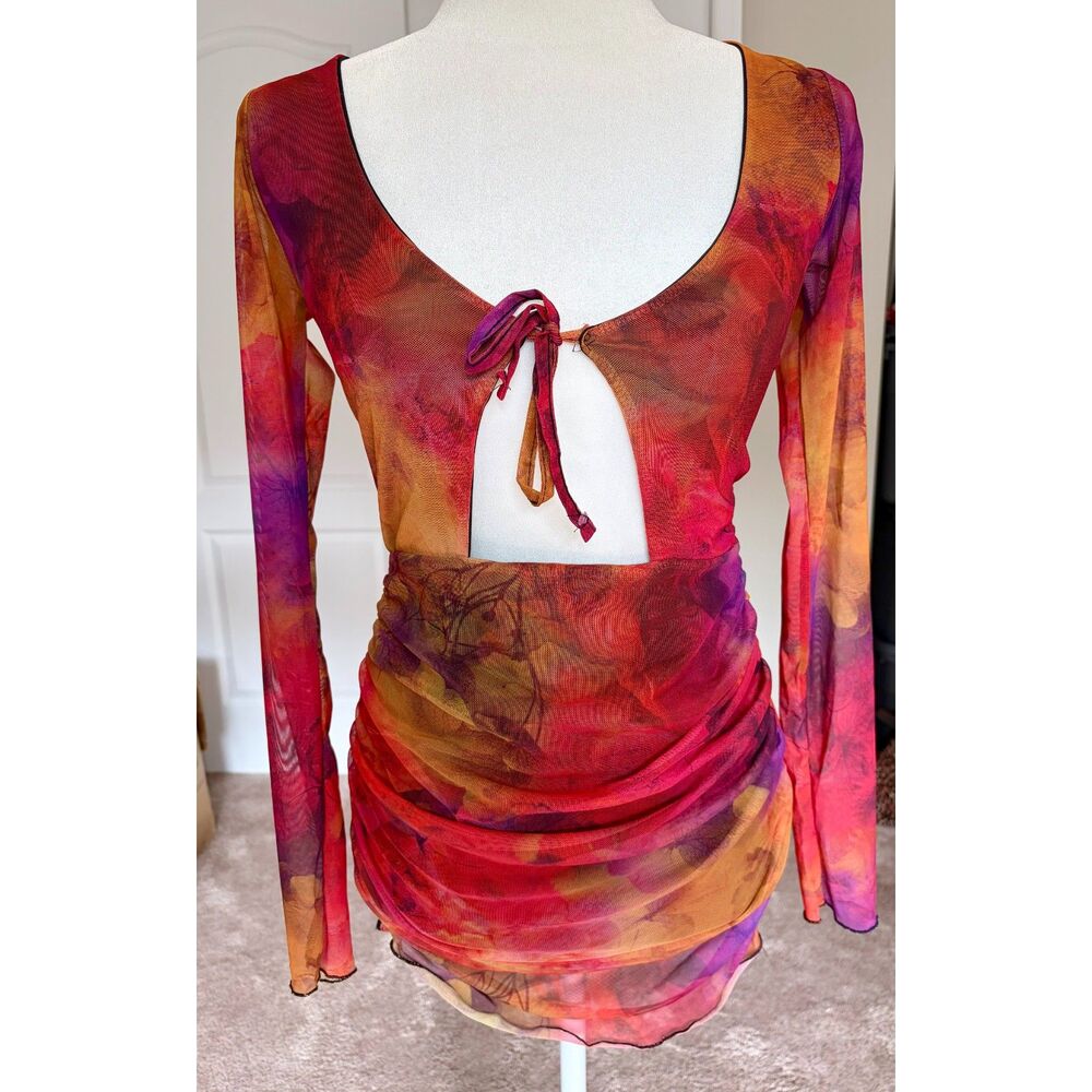 BooHoo Watercolor Sunset Floral Mesh Cut-Out Ruched Mini Dress Size 4